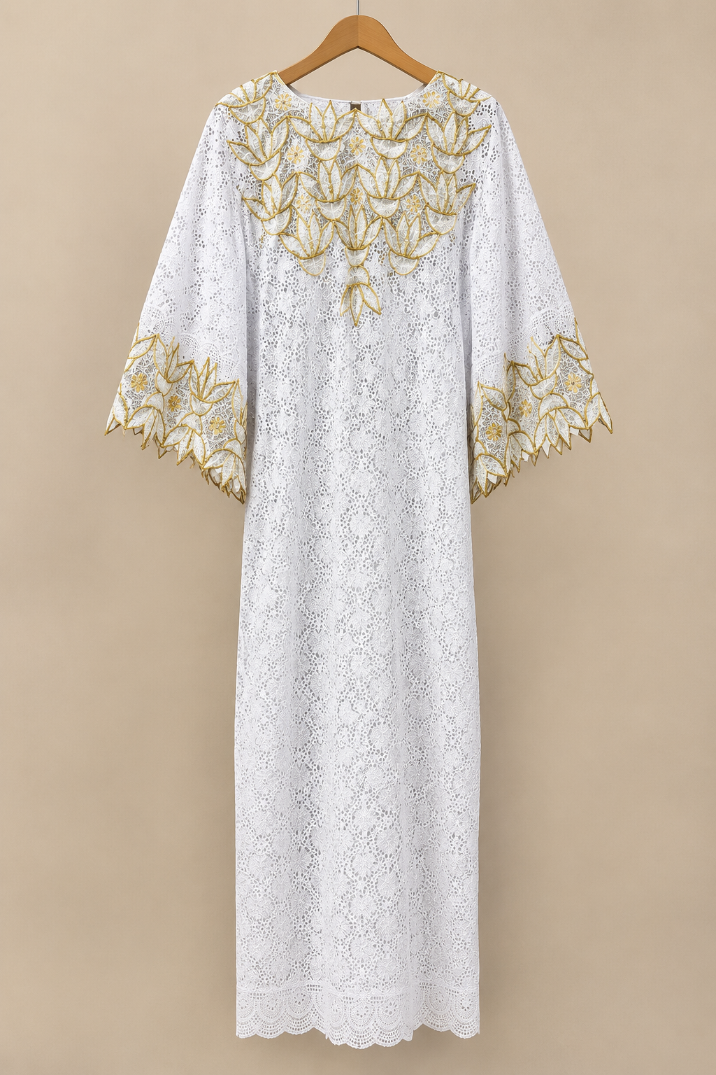 Elegant White Lace Kaftan with Gold Floral Embroidery