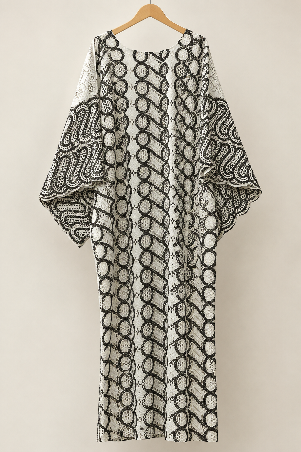 Black and White Geometric Eyelet Kaftan Dress